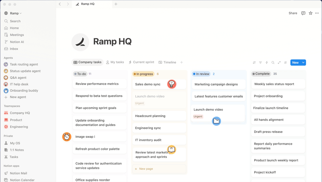 Ramp HQ project board showing work moving across team agents