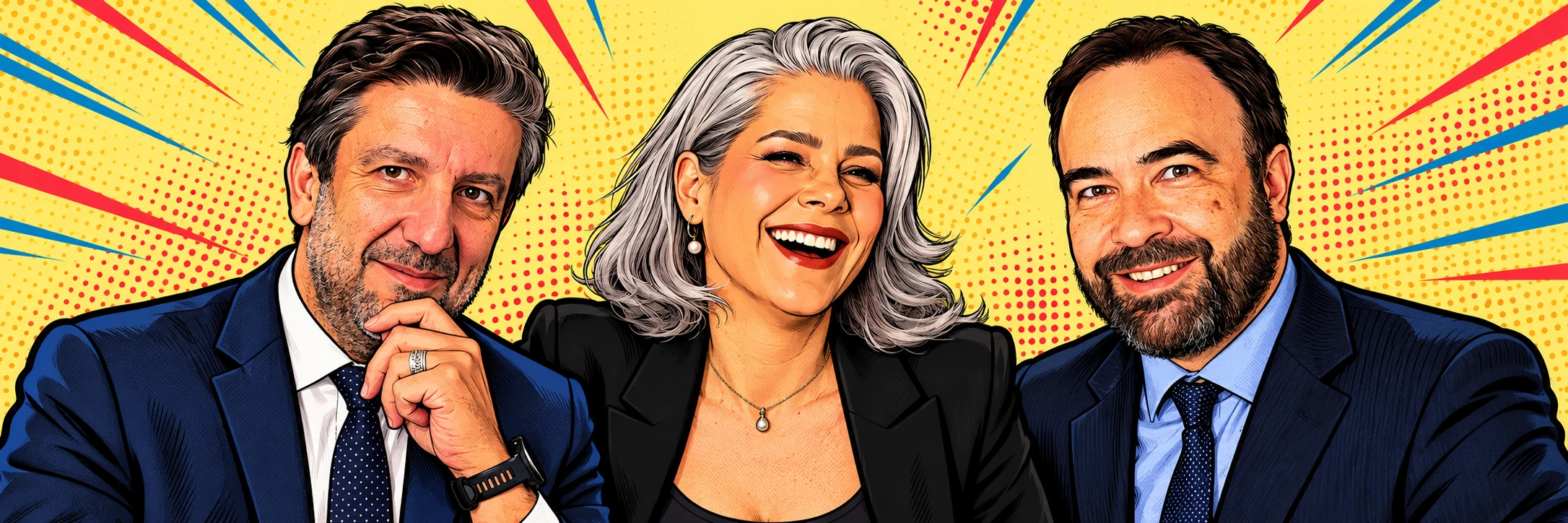 Caricaturas em quadrinhos dos professores Guilherme Madeira, Patrícia Vanzolini e Gustavo Junqueira